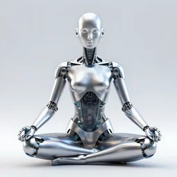 a metallic cyborg with glass details experiencing nirvana while meditating
