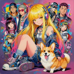 beautiful painting of hiphop solarpunk attractive princess chill with corgi, by peter kemp, naoki urasawa, nikolina petolas, noah bradley, patrick woodroffe, posuka demizu, qing han, trending on artstation, 8 k, masterpiece, graffiti paint, fine detail, full of color, intricate detail, golden ratio illustration, face enhance
