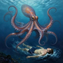 a dream fantasy painting of a giant octopus in the deep of the ocean attack a swimming man, by beksinki, giger, greg rutkowski, carne griffith trending on artstation, deviantart, photorealism