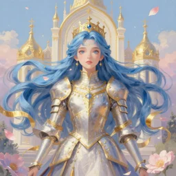 breathtaking detailed soft painting of a full shot knight queen with long flowing blue hair, pastel flowers petals and golden ribbons flying, art by pilyeon and yuumei art, symmetrical facial features, at dawn in front of a pristine golden art nouveau cathedral, elegant, volumetric lighting, highly detailed, artstation, concept art, matte, sharp focus,