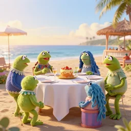 the muppets having a party at a beach resort, golden hour, 8k
