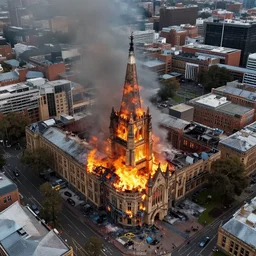 the university of melbourne burning down, aerial drone footage