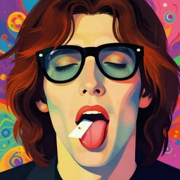 a colorful vibrant closeup portrait of a Led Zeppelin licking a tab of LSD acid on his tongue and dreaming psychedelic hallucinations, by kawase hasui, moebius, Edward Hopper and James Gilleard, Zdzislaw Beksinski, Steven Outram colorful flat surreal design, hd, 8k, artstation
