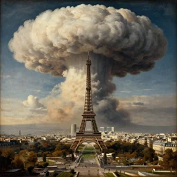 nuclear mushroom cloud over the city of paris!!! renaissance painting!! majestic!! sad!