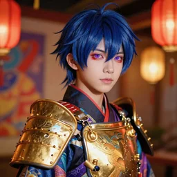 colorful and Festive Captivating teenager boy with straight indigo japanese hair, purple eyes, red eye markers, wearing japanese traditional clothing with golden armor pieces. rich vivid colors, ambient lighting, dynamic lighting, 4k, atmospheric lighting, painted, intricate, highly detailed by Charlie Bowater