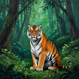 a painting of a tiger sitting in the middle of a rainforest, a matte painting by banksy, breathtaking lights, pixelated rewarded