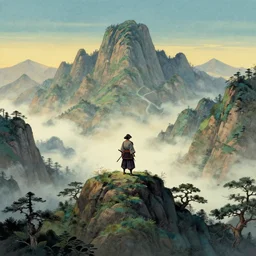 a japanese samurai willage high in mountains, detailed landscape, symmetry, landscape concept by moebius and laurie greasley, fantastic landscape, 8 k, cinematic color grading
