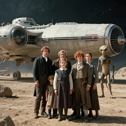 8k film still from a sci fi blockbuster color movie made in 2022, set in 1860, of a family standing in front of a spaceship that has just landed on an alien planet, a humanoid alien creature stands nearby, the family are all wearing 1850s era clothes, cinematic lighting, cinematic camera, in focus, extremely good lighting, good photography