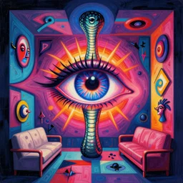 “A surreal neon painting of the opening of the eye of Shiva, eternal serpent power futuristic picasso rooms in 3 point perspective by hr giger and Vladimir kush and dali and kandinsky, 3d, realistic shading, complimentary colors, vivid neon colors, aesthetically pleasing composition, masterpiece, 4k, 8k, ultra realistic, super realistic”