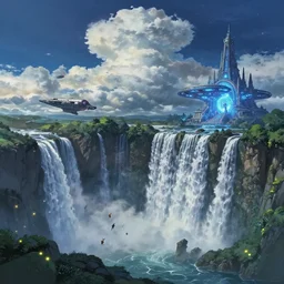 a vast ancient waterfall planet with fireflies, pristine intergalactic spaceship, futuristic glowing temple stargate portal spaceship dock station at night and lots of cummulonimbus clouds by makoto shinkai, moebius!, oliver vernon, joseph moncada, damon soule, manabu ikeda, kyle hotz, dan mumford, by kilian eng