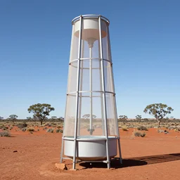 modular atmospheric water collector tower, fine sailcloth mesh, windtrap, with reservoir in the australian red desert