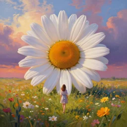 giant daisy flower head, full body, girl walking in a flower field, surreal photography, sunrise dramatic light, impressionist painting, colorful clouds, digital painting, artstation, simon stalenhag, flower face