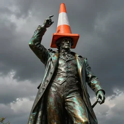 comic art by joshua middleton, a majestic dark bronze statue of the duke of wellington, with an massive orange traffic cone on his head