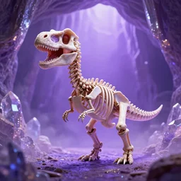 full shot portrait of cute dinosaur skeleton in crystal cave, detailed, unreal engine 4k volumetric light, fog, purple color palette