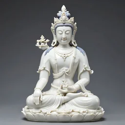 a serene porcelain sculpture of a white tara meditating, bodhisattva