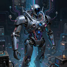 dark hyper detailed suspended robot fighter pilot body made from circuits connected to the mother board with glowing wires and fiberoptics and electronic components masterpiece pattern jean giraud digital art painting beautiful _ psychedelic _ acid artgerm dona to giancola tom bagshaw