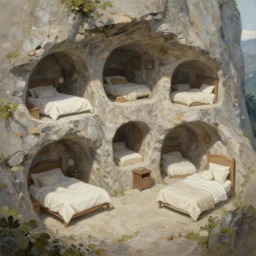painting of a series of living quarters overlooking communal area carved inside a mountain, cozy bed, well maintained, clean, medieval, fantasy genre, natural light, fantasy, natural light, concept art, by greg rutkowski and craig mullins, cozy atmospheric and cinematic lighting, trending on artstation