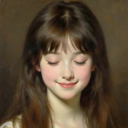 a detailed portrait of am adorable anime girl, lovely smile, eyes closed, painting by gaston bussiere, craig mullins, j. c. leyendecker