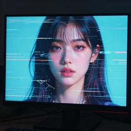A broken monitor with the calm face of an AI woman on it.. Very very very strong glitches on the monitor. The face is blurry with glitches. Scanlines and jitter effects. Extremely high detail, glitchcore, glitches, glitch, cyberpunk, 8k render