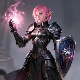 sexy short pink haired half elf woman doing healing magic wearing black metal armor with a shield, dungeons and dragons, cleric, character art, character design, illustration, 4 k, 8 k, artstation, hyper detailed, back lighting