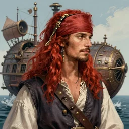 portrait of a male pirate with flowing red hair!!!!!!, sky-pirate, handsome, side profile, Steampunk airship!!!!!!!, D&D, fantasy, simple clothing!!!!, elegant, highly detailed, digital painting, deviantart, artstation, concept art, sharp focus, illustration, art by Artgerm and Greg Rutkowski and Alphonse Mucha