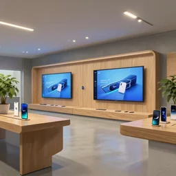 2 0 3 0 s flagship retail interior. experience. telco digital screens phones. wood, polished concrete, neon, ceiling spots. plants. samsung microsoft apple nike adidas tesla muted colors!!!!!!!!!! ( ( ( ( ( ( digital painting by studio ghibli hayao miyazaki ) ) ) ) ) )