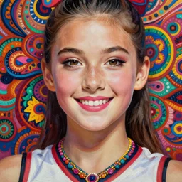 a close up of beautiful cheerleader girl with pink lipstick wearing a multicoloured necklace surrounded by colourful intricate patterns, by edgar maxence and caravaggio and michael whelan, intricate painting, hyper realistic, extremely detailed and beautiful aesthetic face, 8 k resolution