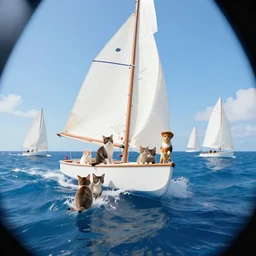 Several cats sailing over a blue ocean, Darek Zabrocki, Karlkka, Jayison Devadas, Phuoc Quan, trending on Artstation, 8K, ultra wide angle, pincushion lens effect.