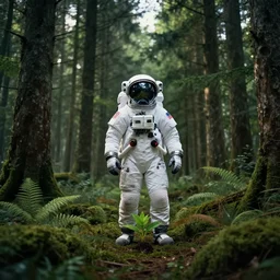 american astronaut in the forest plants environment wide angle cinematic lighting atmospheric realistic octane render highly detailed, octane render, in the style of craig mullins