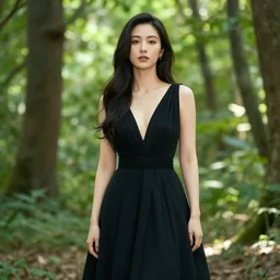 a beautiful woman wearing a black gown stands in a bright forest, beautiful face, medium shot by Steve McCurry