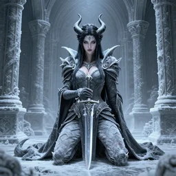 a detailed full body portrait of frozen in stone black haired demon girl knelling in a highly detailed architecture, the queen of blades, diablo 4 queen, a beautiful face, by dorian cleavenger, greg rutkowski, wlop, astri lohne, zdzisław beksinski, bastien lecouffe - deharme trending on artstation