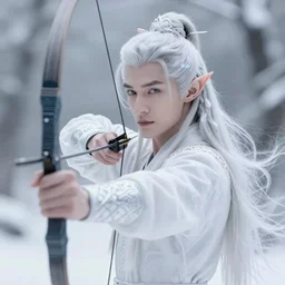 handsome male snow elf as an archer, albino skin, pale pointed ears, ethereal opalescent mist, winter vibes, perfect face, elegant, very coherent symmetrical artwork, by wenjun lin, krenz cushart, charlie bowater, trending on artstation