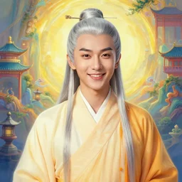 portrait painting of a 6 0 year old kind smile handsome chinese taoist priest, like zun long, silver ponytail hair, amiable by wenjun lin, irakli nadar, bright colors, octopath traveler, wenjun lin, unreal engine 5 highly rendered, global illumination, radiant light, detailed and intricate environment