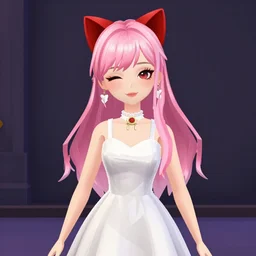 VRChat e-girl, white elite dress, pink hair, red cat ears, winking, in the Great Pug