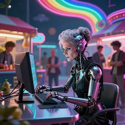 cyberpunk goth old woman cyborg working on cyberpunk computer in cyberpunk farmers market by william barlowe and pascal blanche and tom bagshaw and elsa beskow and enki bilal and franklin booth, neon rainbow vivid colors smooth, liquid, curves, very fine high detail 3 5 mm lens photo 8 k resolution