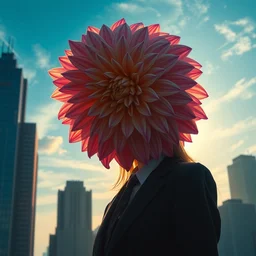 closeup giant dahlia flower head, girl in a suit, in a city, surreal photography, blue sky, sunrise, dramatic light, impressionist painting, digital painting, artstation, simon stalenhag