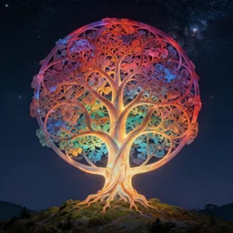 epic chromatic tree of life centered on a hill glowing from within japanese, intricate, elegant, volumetric lighting, digital painting, highly detailed, artstation, sharp focus, milky way galaxy, symmetrical, illustration, concept art, ruan jia, steve mccurry