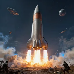 giant scifi space rocket, fired into space in a blaze of smoke and blue fire, exhaust engine fireing, landscape, alex ross, eddie mendoza, raphael lacoste, star citizen, star wars, perry roden, horizon zero dawn, sebastian ludke, concept art, matte painting, highly detailed, rule of thirds, dynamic lighting, cinematic, realism, realistic, photo real, detailed, magnificiant landscape, denoised, centerd