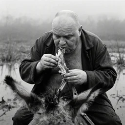 movie still by tarkovsky close up of a giant obese old bald man wear dark clothes eating meat on a donkey, a swamp, cinestill 8 0 0 t 3 5 mm b & w, heavy grain, high quality, noir, natural textures, photorealistic, ambient occlusion, hd, mud, fog