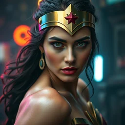 leaning forward zingy portrait featuring a perfect dua lipa as wonder woman, by ewelina kowalczyk and alessio albi, naturalism, steampunk, in - depth, lumen global illumination, 8 k, resolution, elaborate, steelpunk, photorealisstic, vibrant chromatic colors, chromatic aberration
