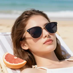Grapefruit wearing sunglasses and relaxing on the beach with