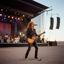 candid photograph from stage of led zeppelin performing in the atacama desert by mark owen. kodak portra film!!. whirl bokeh!. mamiya 7. highly detailed. hq. photoreal. golden hour. in - frame