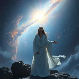 in flowing white robes she watched as the universe was born, nebula, bright arc of light, stars, beautiful concept art by greg rutkowski, artgerm and ruan jia