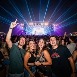 full shot friends having a good time at a concert, there is a huge crowd and lasers