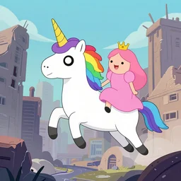 the rainbow unicorn from adventure time with Fin and Princess bubblegum riding on top flying through a ruined city in hyper realistic style