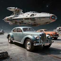 vintage old ussr car iz 2 1 2 5, as a realistic scifi spaceship!!!, wide angle shot art by donato giancola and greg rutkowski, vintage retro scifi, realistic space, digital art, trending on artstation, symmetry!!!