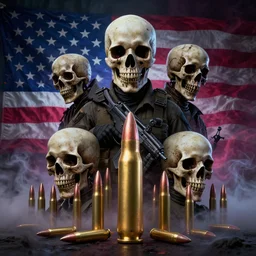 military bullets skulls weapons american flag smoke scariest horror nightmare by pushead junji ito and horiyoshi iii, digital art, deepdream cosmic, 3 d high definition, trending on artstation, photorealistic, 8 k, octane, hyper detailed, trending on deviantart elegant trend, highly detailed unreal engine