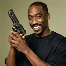 a medium shot photo of tupac shakur extremely happy to have a pistol in his hand,8k, DSLR, highly detailed skin, highly detailed hands