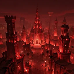 red - colored hellish las vegas as a fantasy medieval rpg city, at night. superior quality, masterpiece.
