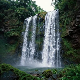 A symmetrical oil painting of two waterfalls surrounded by a very dense forest